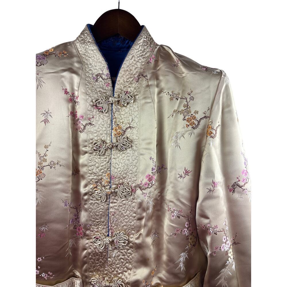Women’s Large Reversible Royal Blue & Gold Kimono Style Blouse w/ Floral Pattern - Picture 5 of 6